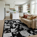 Black White Vinyl Records Grid Rug - Living Room View