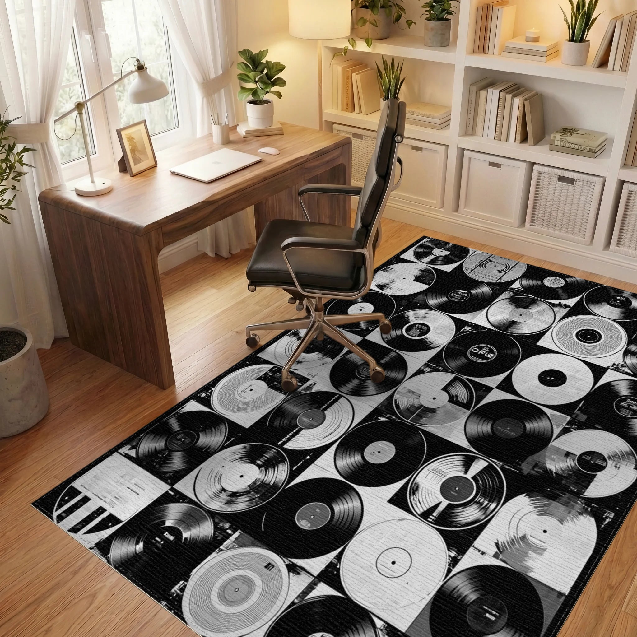 Black White Vinyl Records Grid Rug - Office View