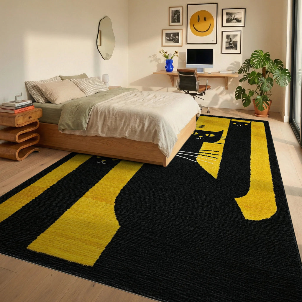 Black Yellow Cats Abstract Stripes Rug - Bedroom View