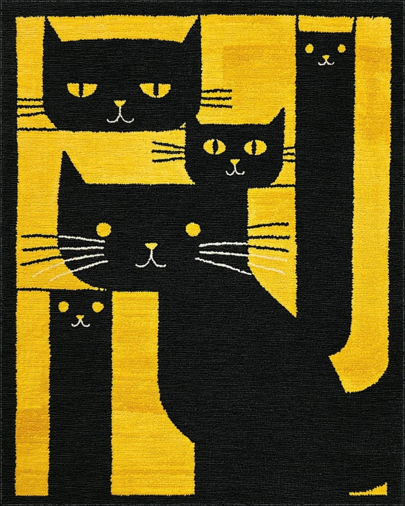 Black Yellow Cats Abstract Stripes Rug - Cutout View
