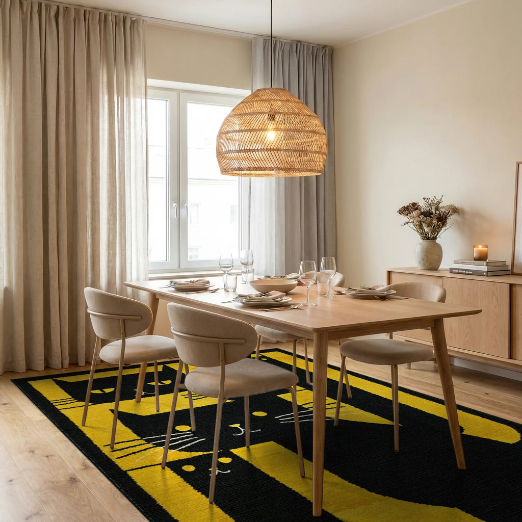 Black Yellow Cats Abstract Stripes Rug - Dining Room View