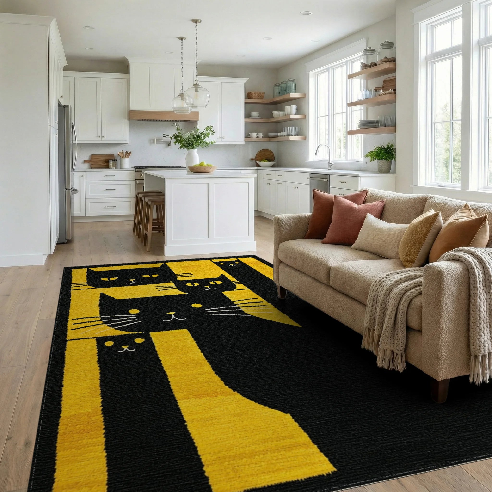 Black Yellow Cats Abstract Stripes Rug - Living Room View