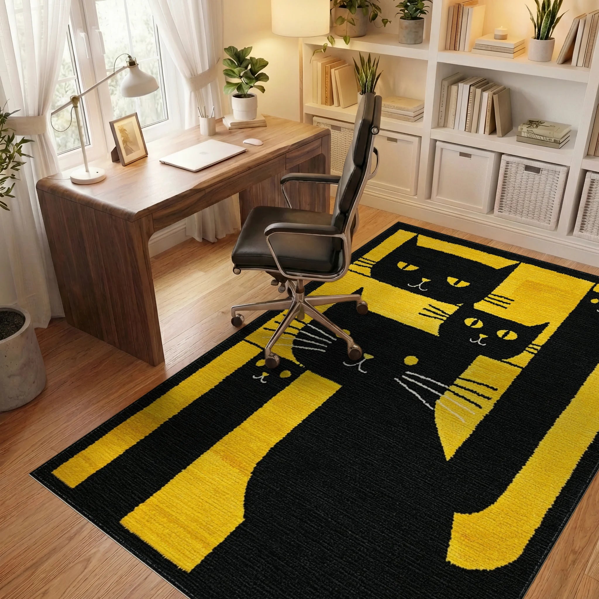 Black Yellow Cats Abstract Stripes Rug - Office View