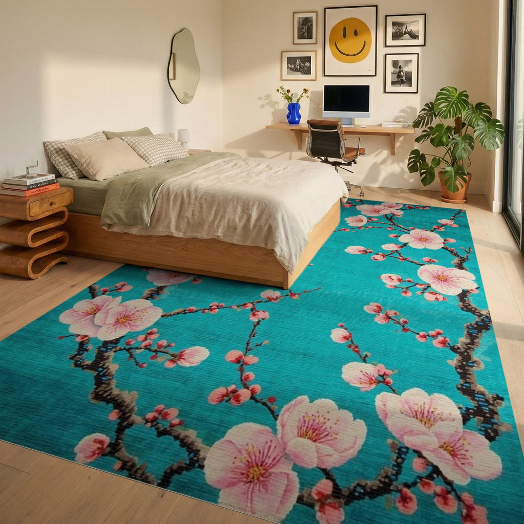 Blossom Branches Turquoise Floral Design Rug - Bedroom View