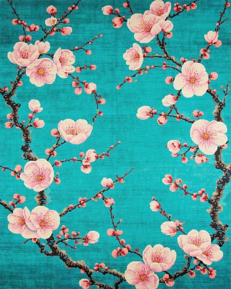 Blossom Branches Turquoise Floral Design Rug - Cutout View
