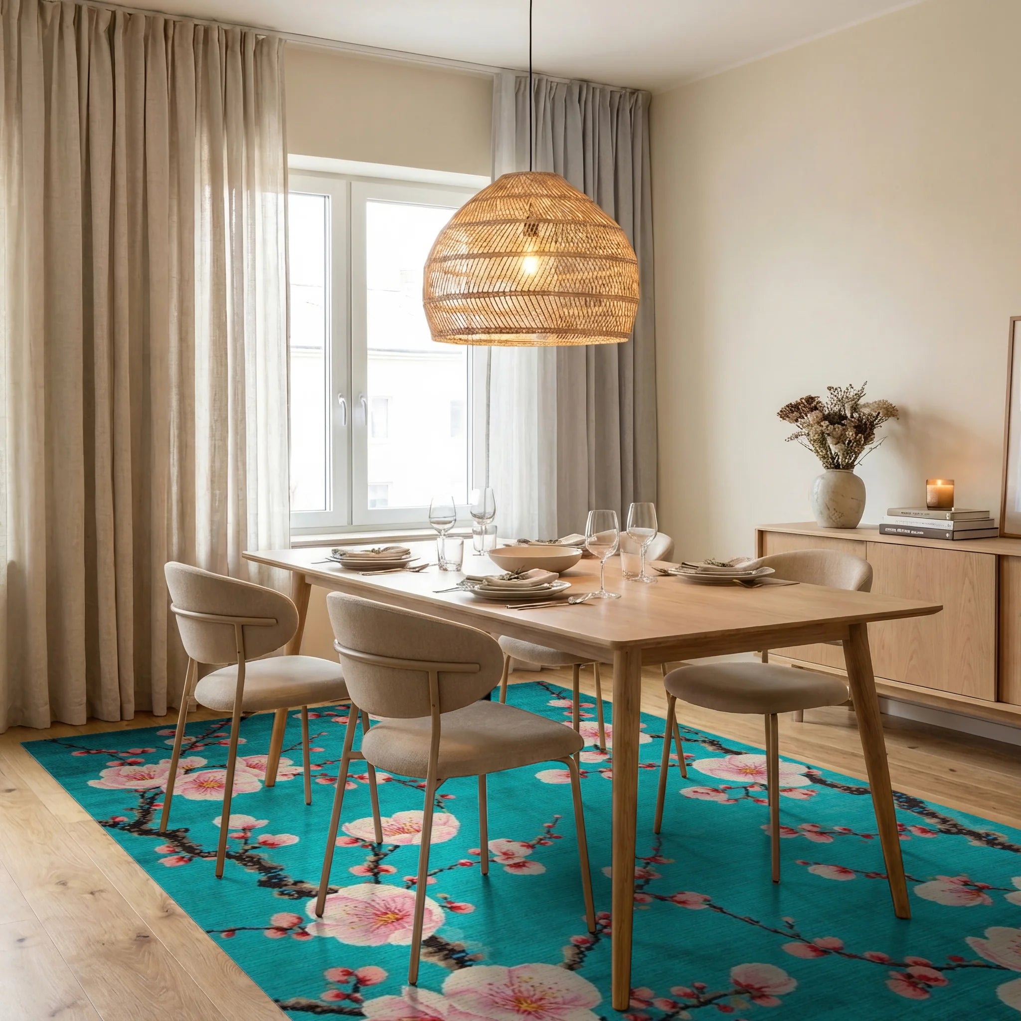 Blossom Branches Turquoise Floral Design Rug - Dining Room View