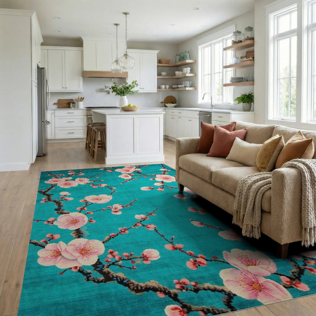Blossom Branches Turquoise Floral Design Rug - Living Room View