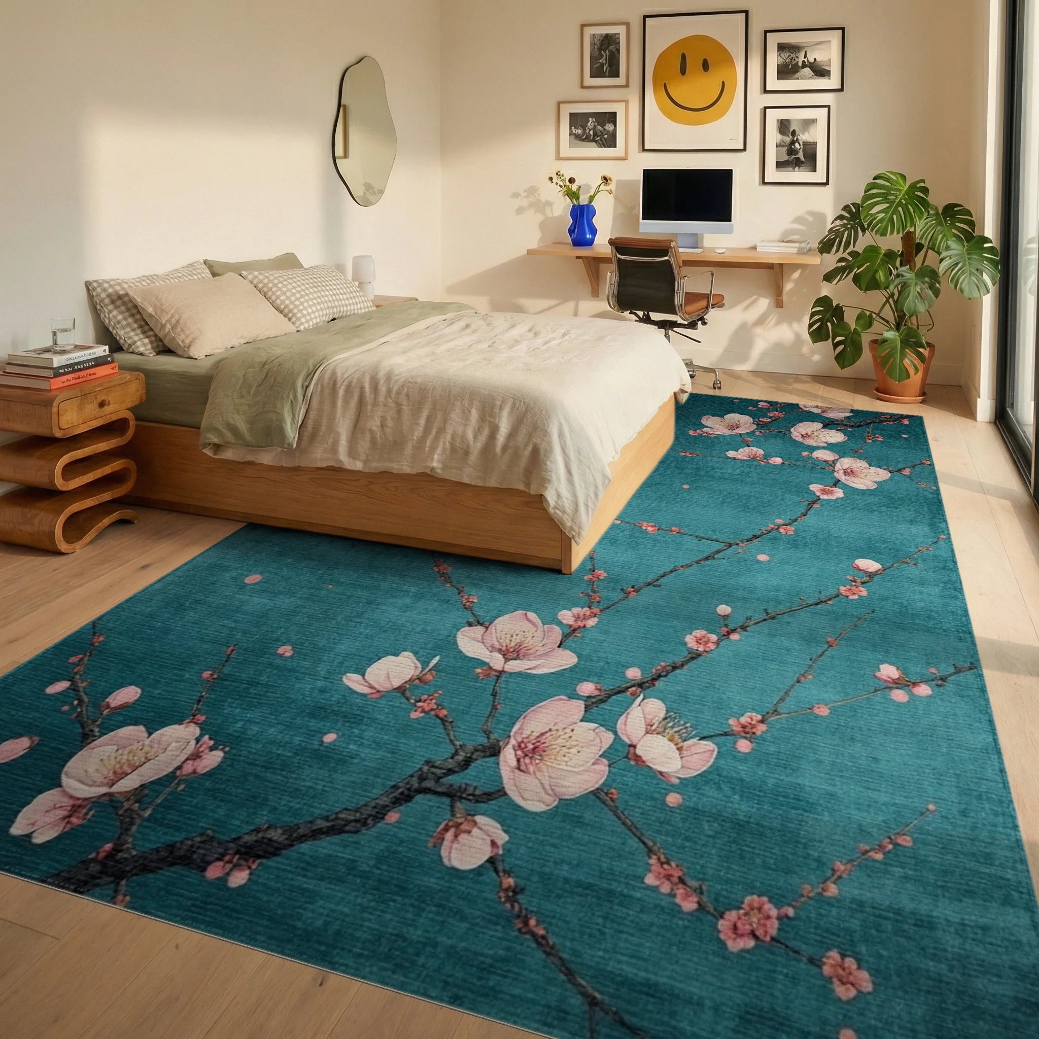 Blossoming Branch In Teal Pattern Rug - Bedroom View