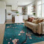 Blossoming Branch In Teal Pattern Rug - Living Room View
