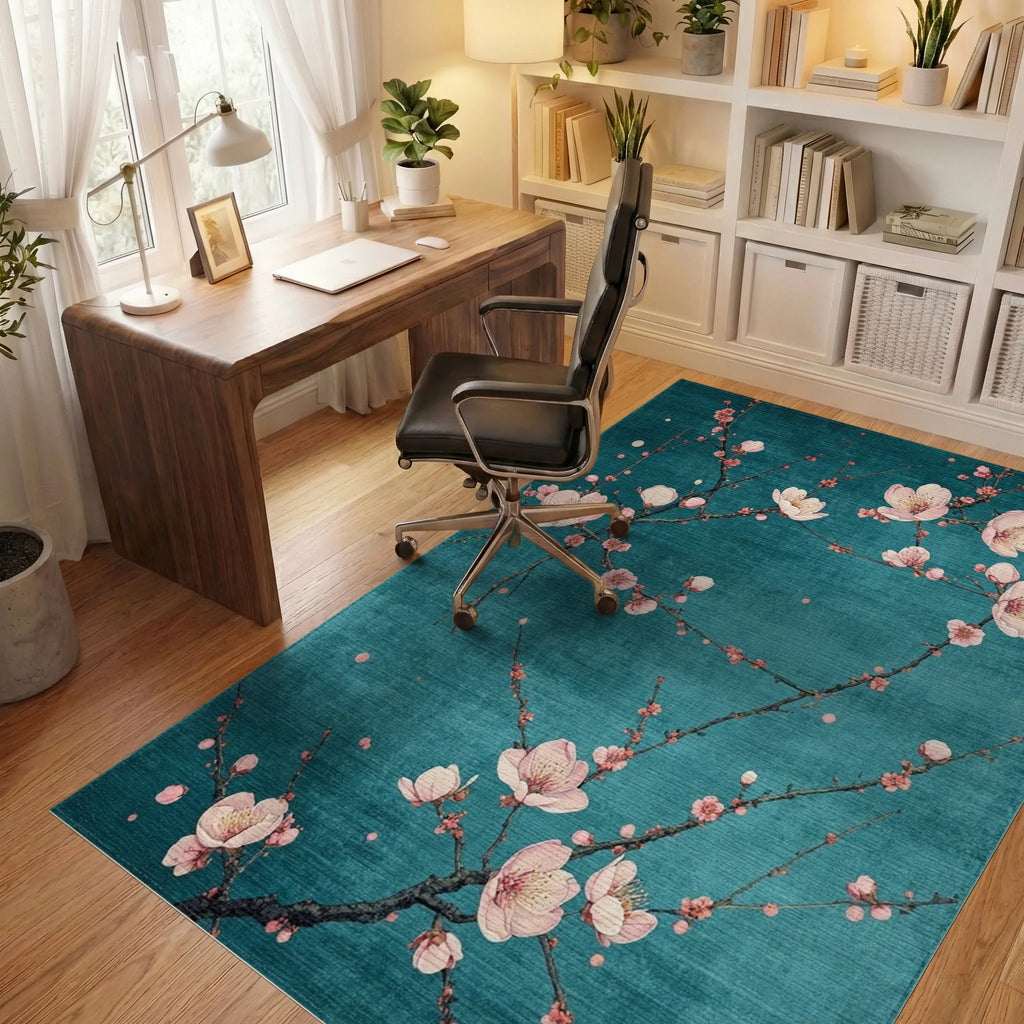 Blossoming Branch In Teal Pattern Rug - Office View
