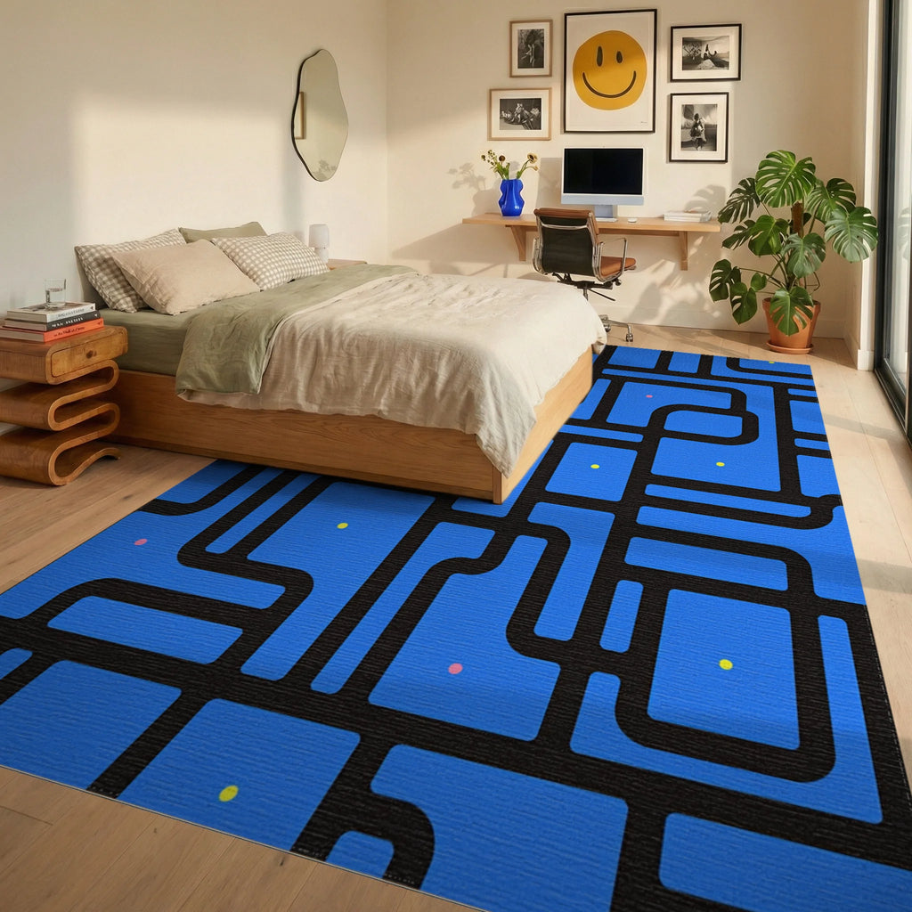 Blue Abstract Geometric Pattern Rug Bedroom View