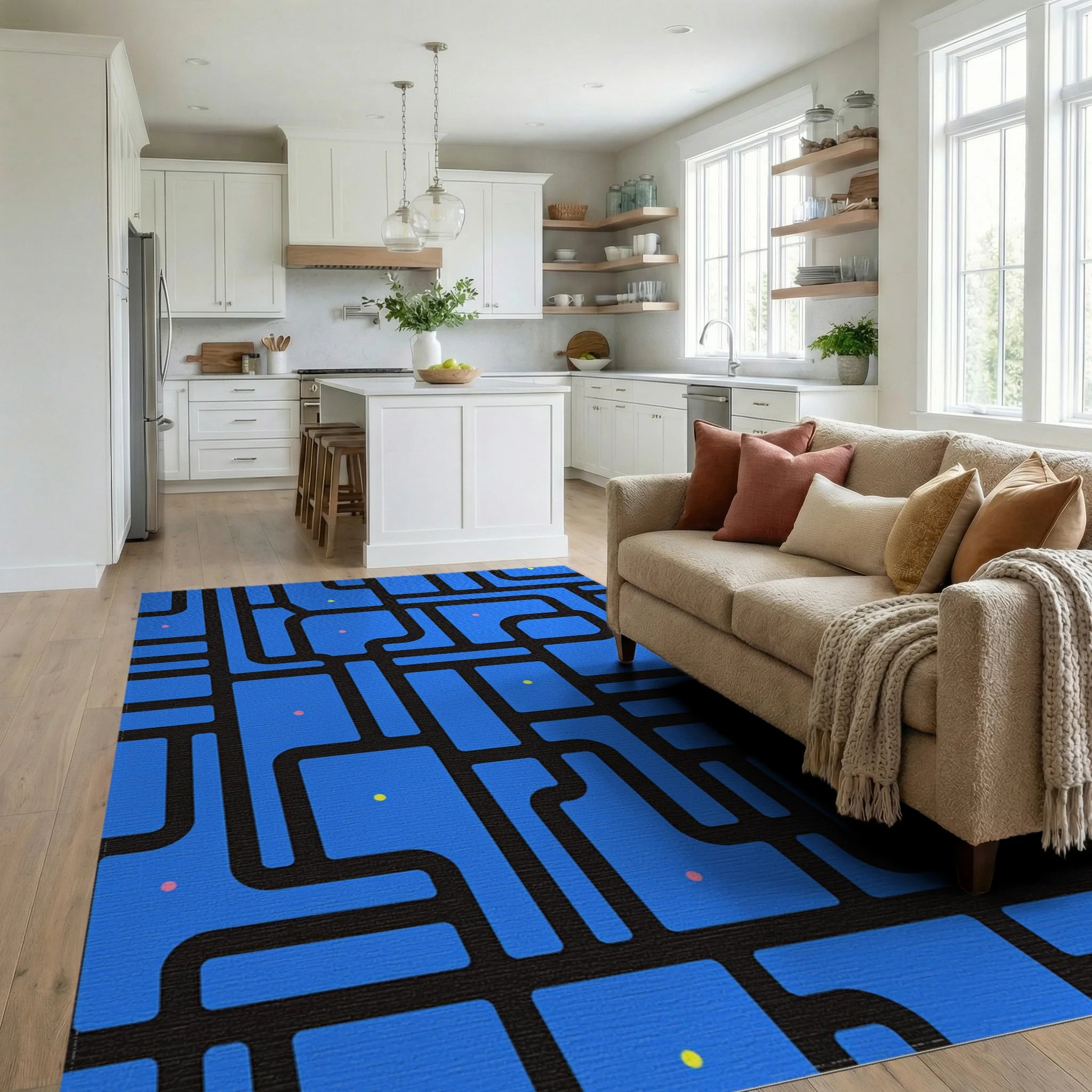 Blue Abstract Geometric Pattern Rug Living Room View