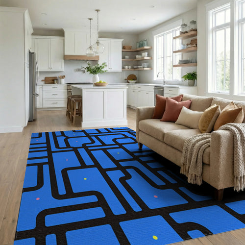 Blue Abstract Geometric Pattern Rug Living Room View