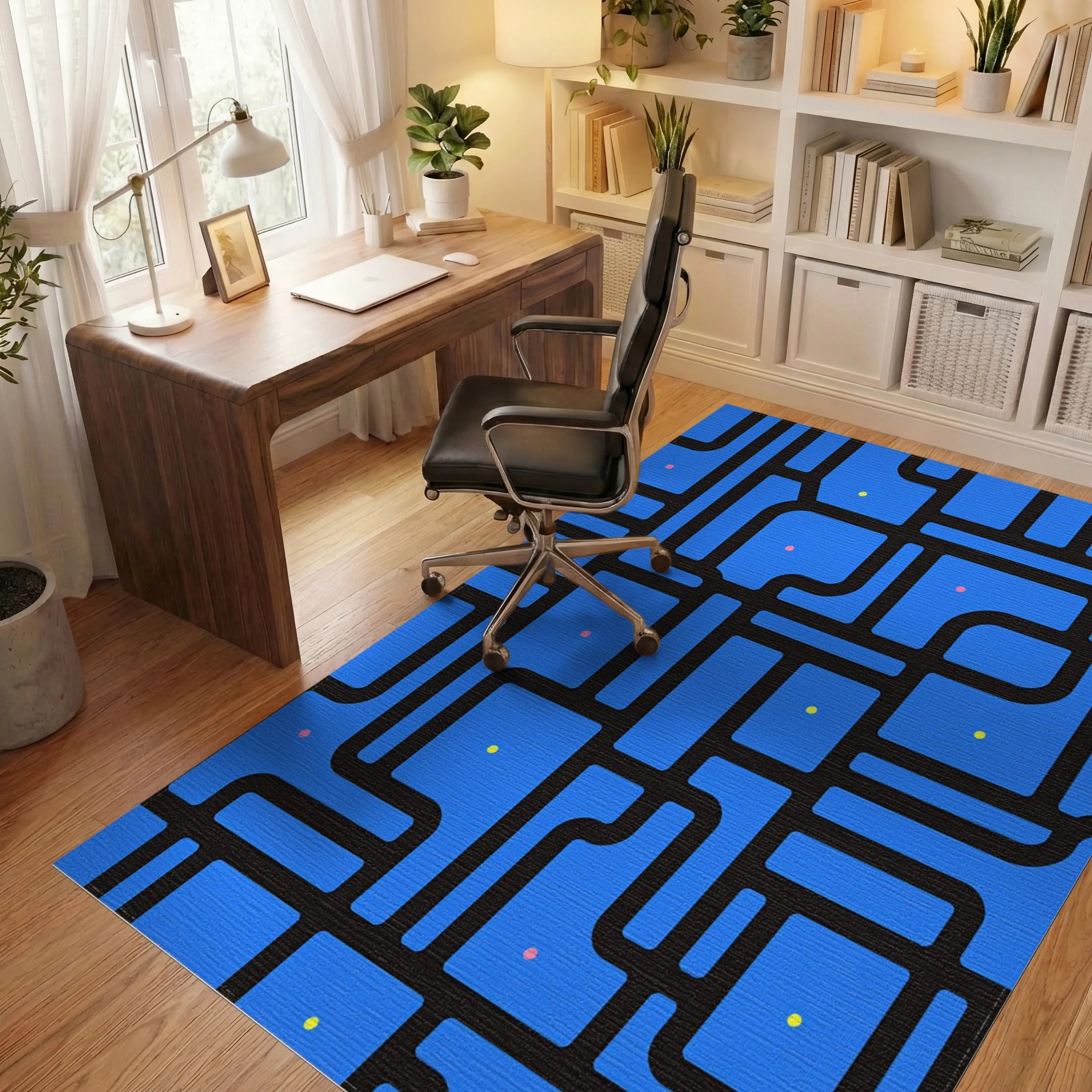 Blue Abstract Geometric Pattern Rug Office View