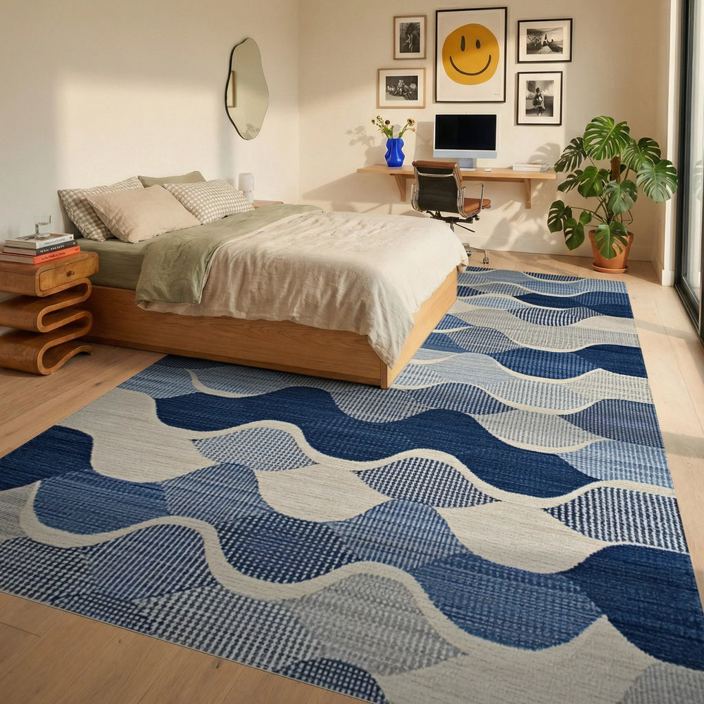 Blue Abstract Wave Geometric Textile Rug - Bedroom View