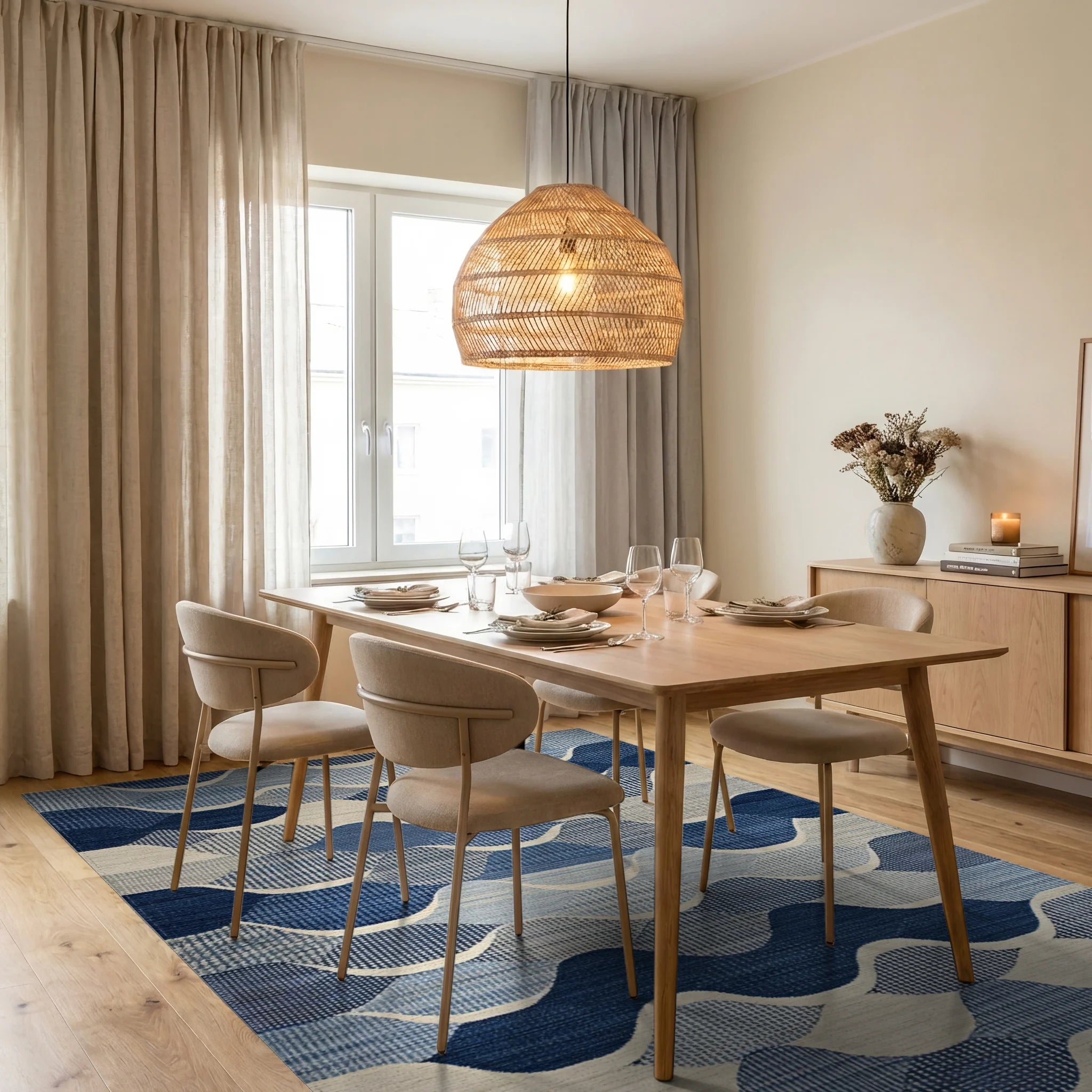 Blue Abstract Wave Geometric Textile Rug - Dining Room View