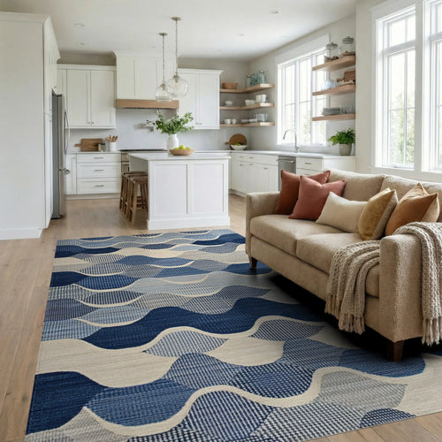 Blue Abstract Wave Geometric Textile Rug - Living Room View