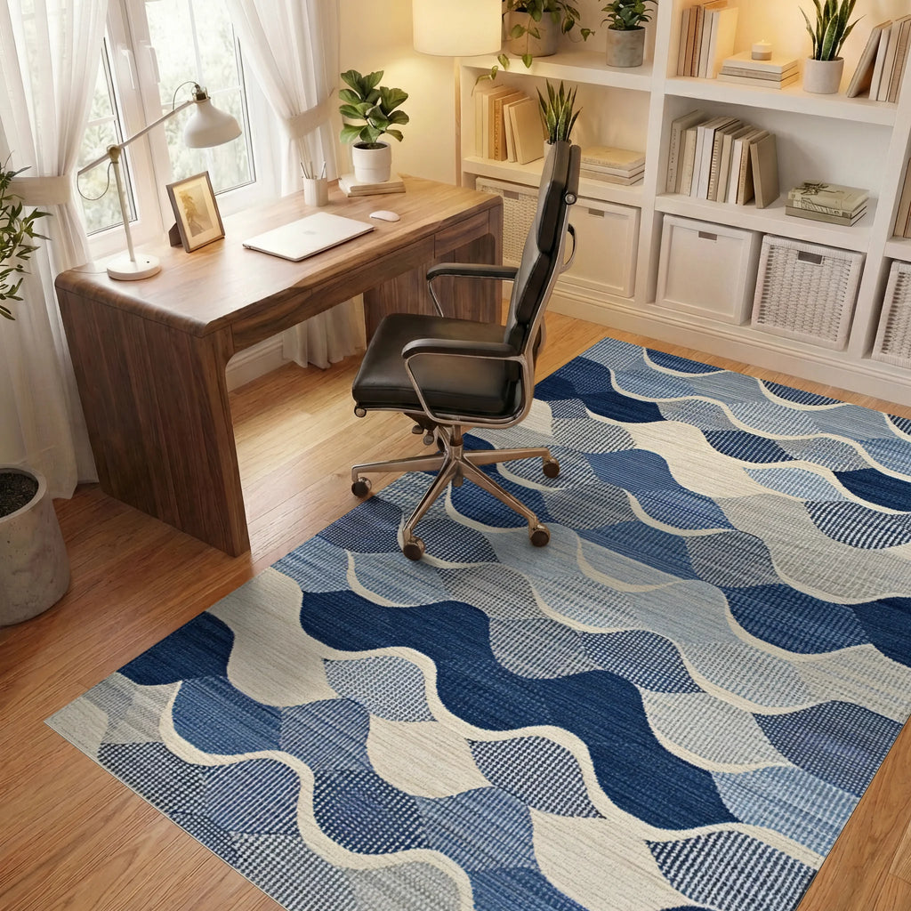 Blue Abstract Wave Geometric Textile Rug - Office View