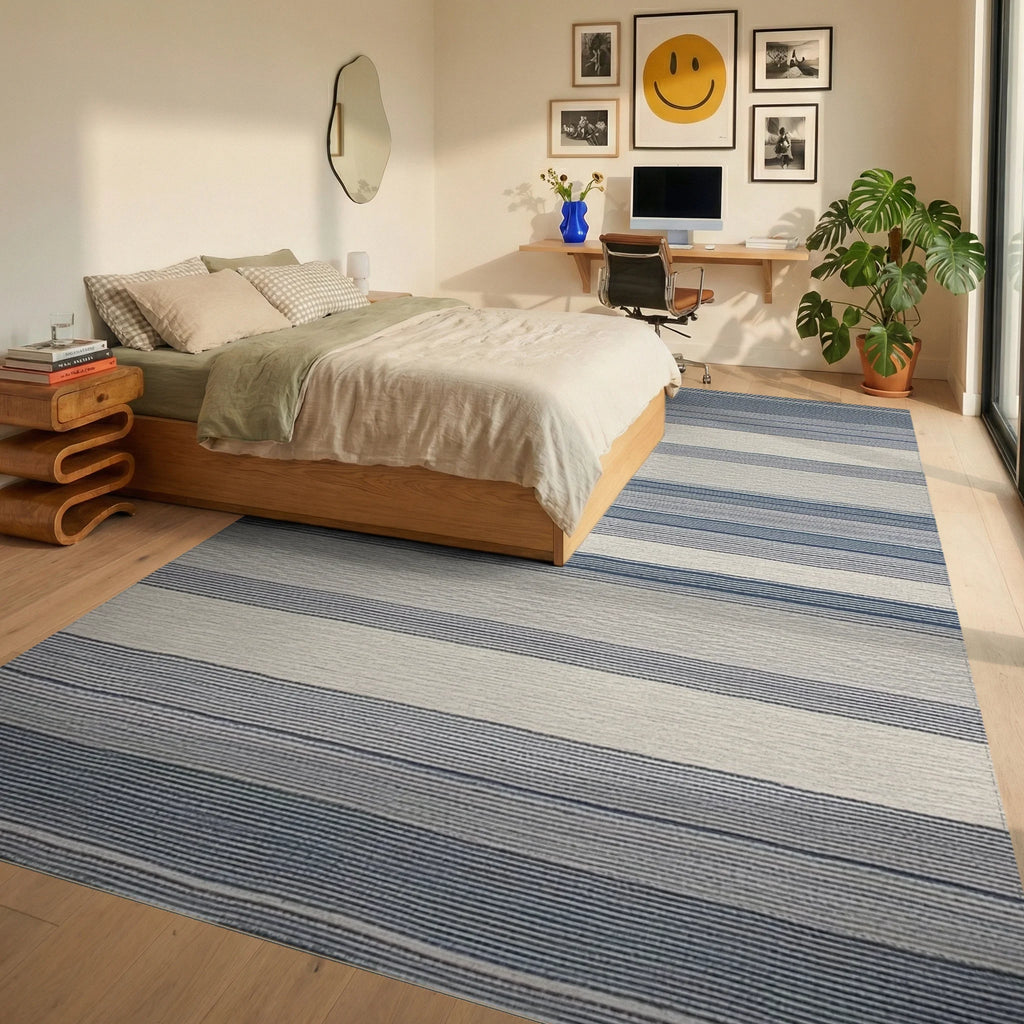 Blue and Cream Striped Horizon Rug - Bedroom View
