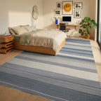Blue and Cream Striped Horizon Rug - Bedroom View
