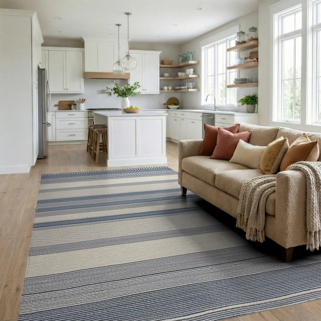 Blue and Cream Striped Horizon Rug - Living Room View