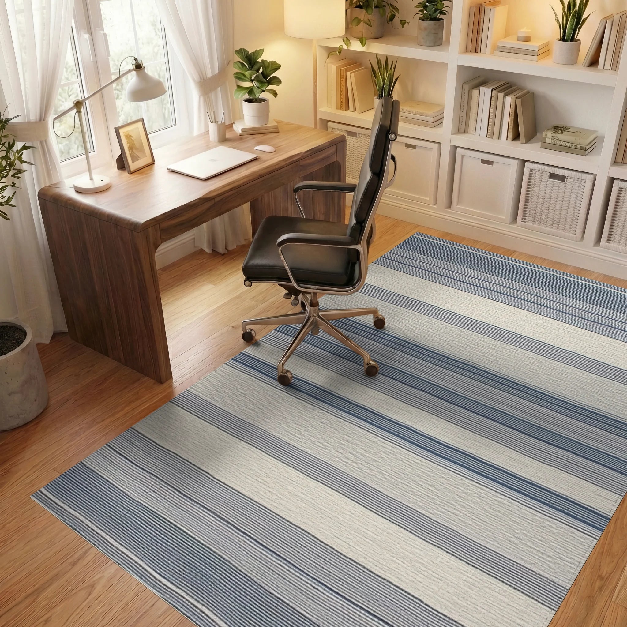 Blue and Cream Striped Horizon Rug - Office View
