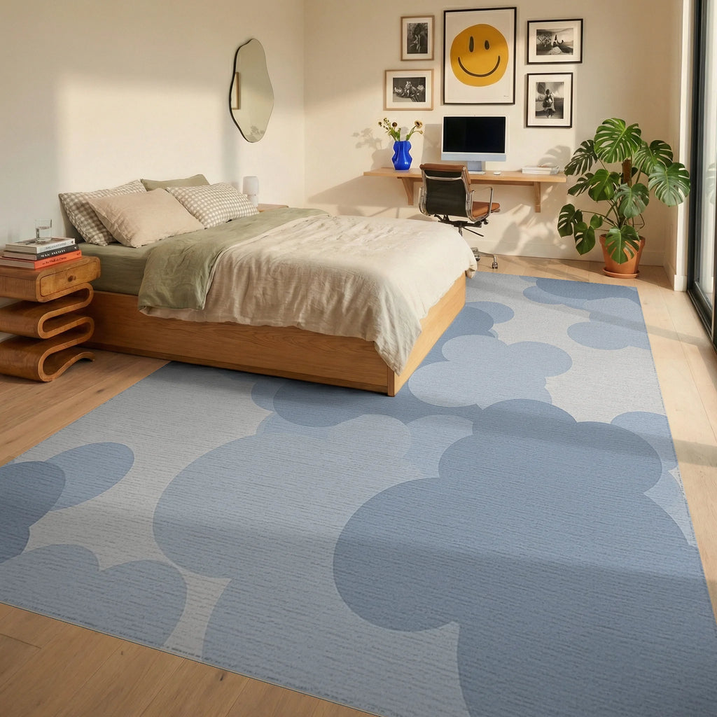 Blue Cloudscape Overlap Soft Shapes Rug - Bedroom View