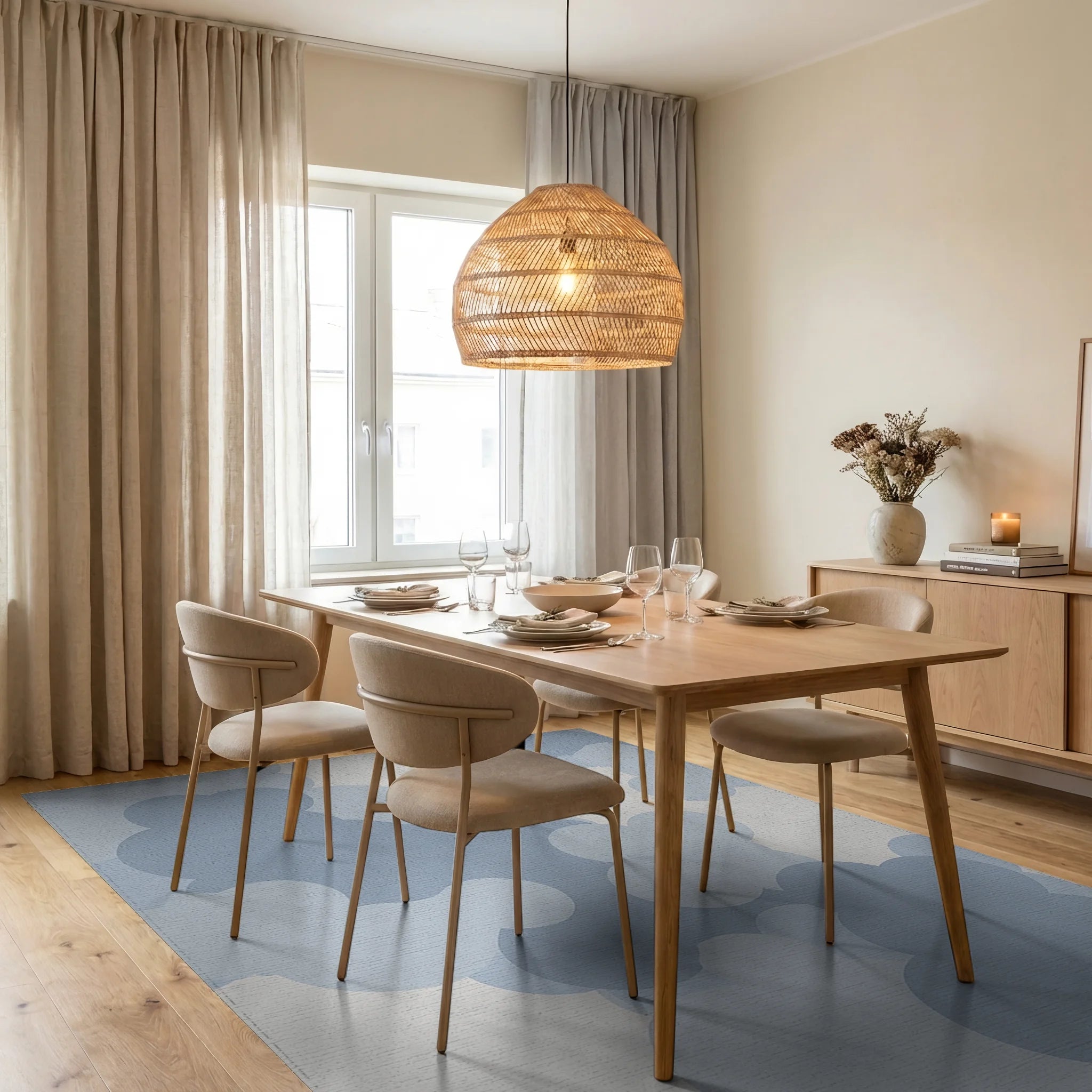 Blue Cloudscape Overlap Soft Shapes Rug - Dining Room View