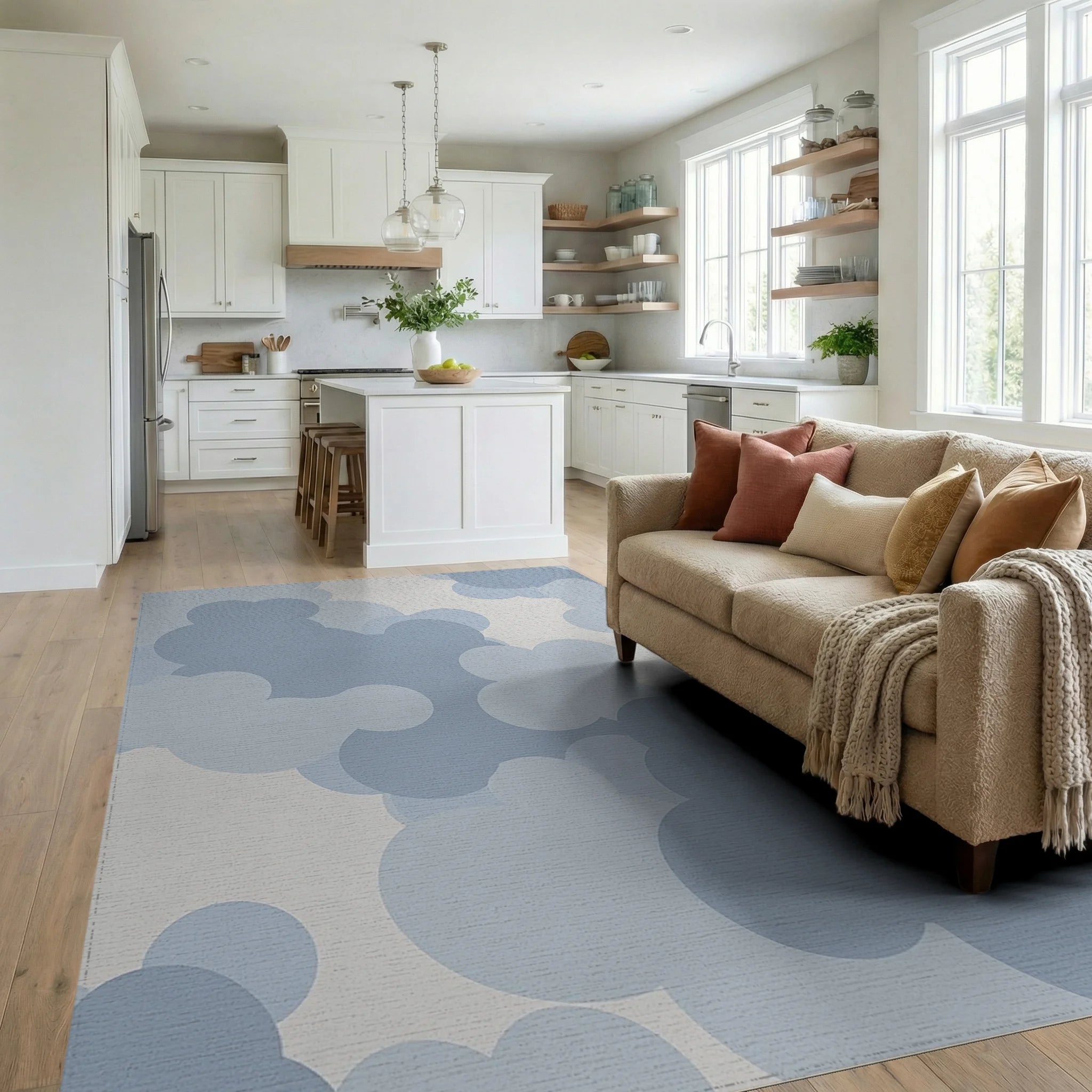 Blue Cloudscape Overlap Soft Shapes Rug - Living Room View