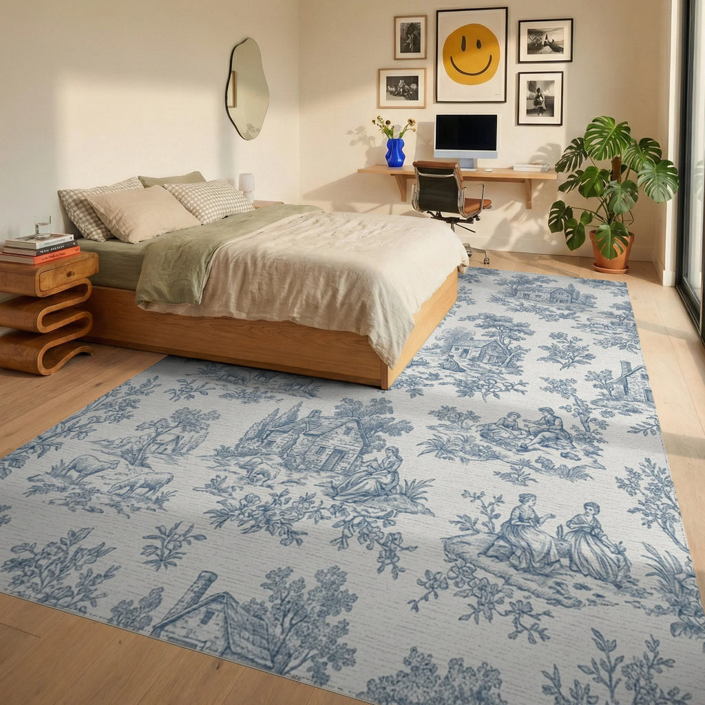 Blue Countryside Scenic Pastoral Life Rug Bedroom View