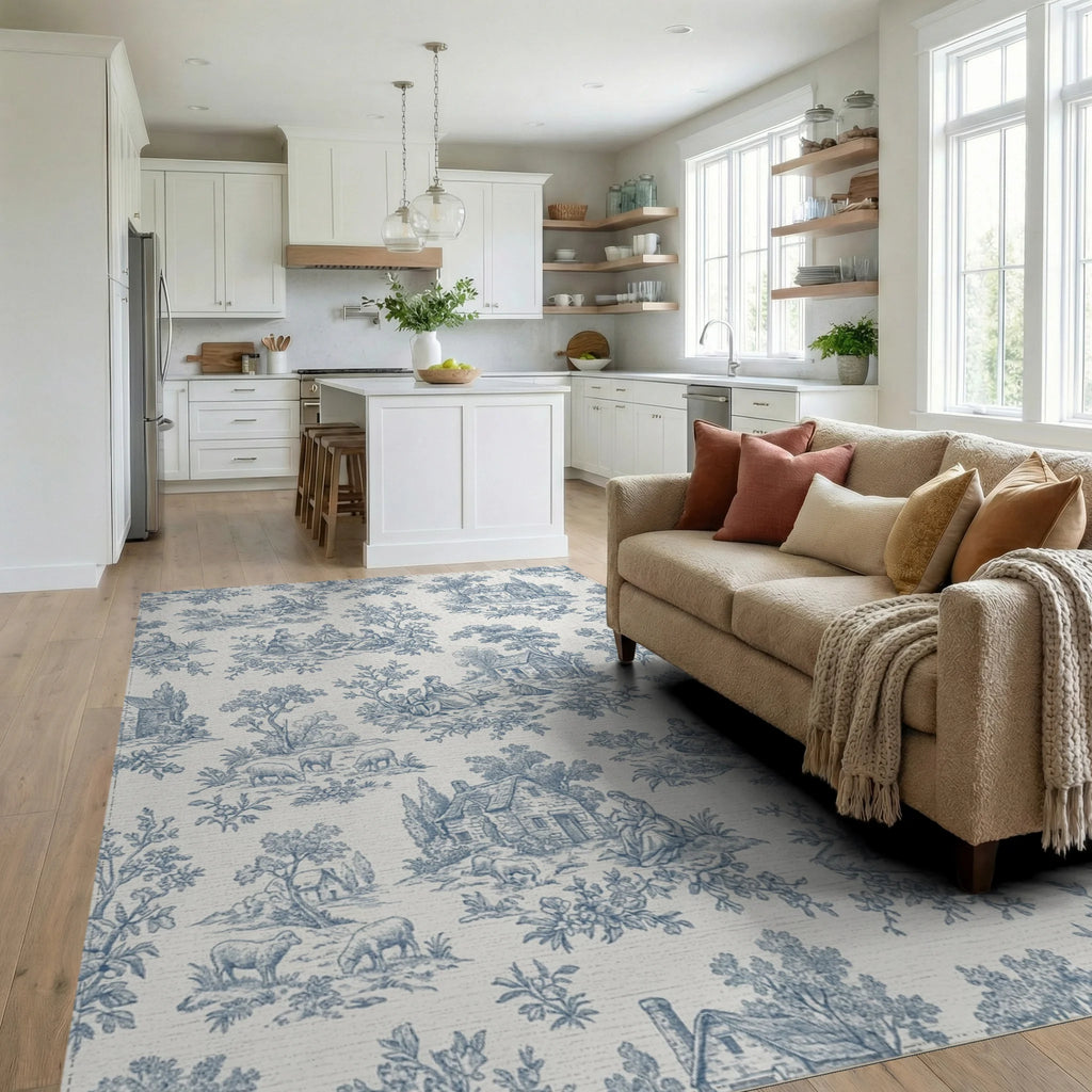 Blue Countryside Scenic Pastoral Life Rug Living Room View