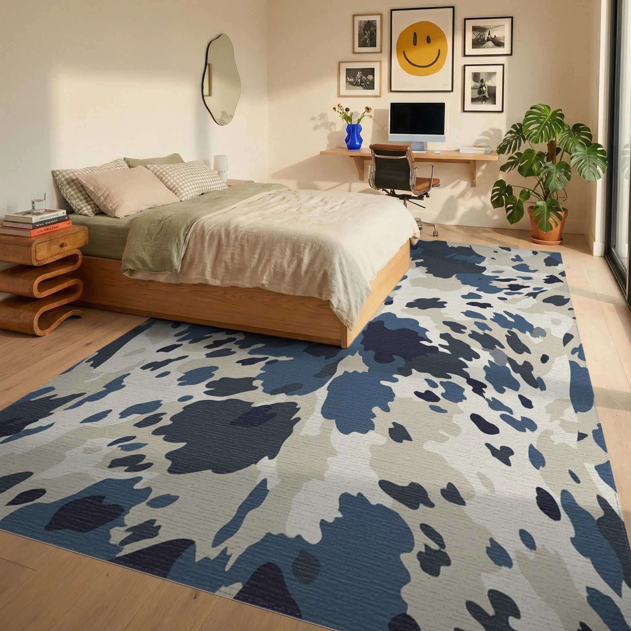 Blue Cream Camo Spots Rug Bedroom View