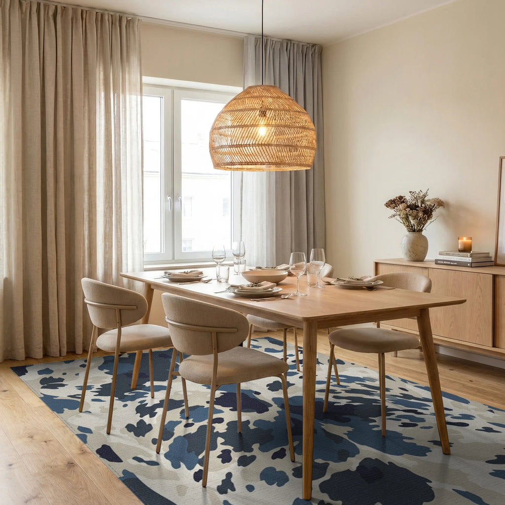 Blue Cream Camo Spots Rug Dining Room View