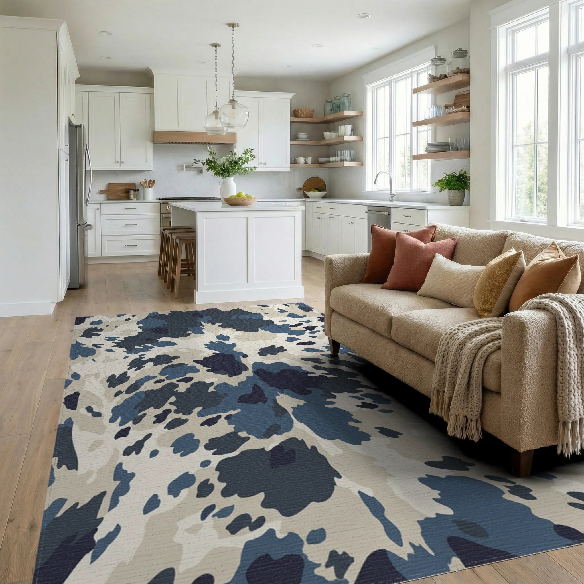 Blue Cream Camo Spots Rug Living Room View