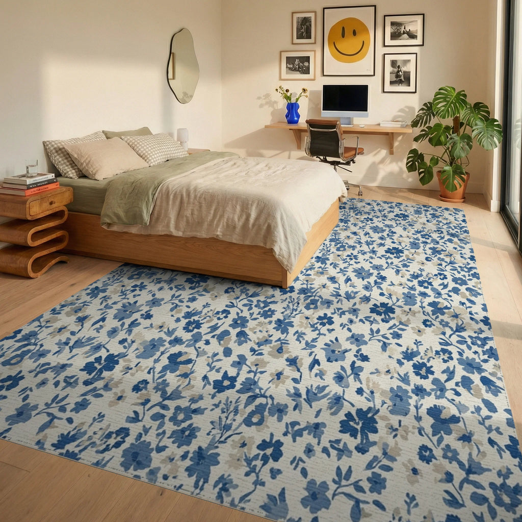 Blue Cream Small Floral Vine Rug Bedroom View