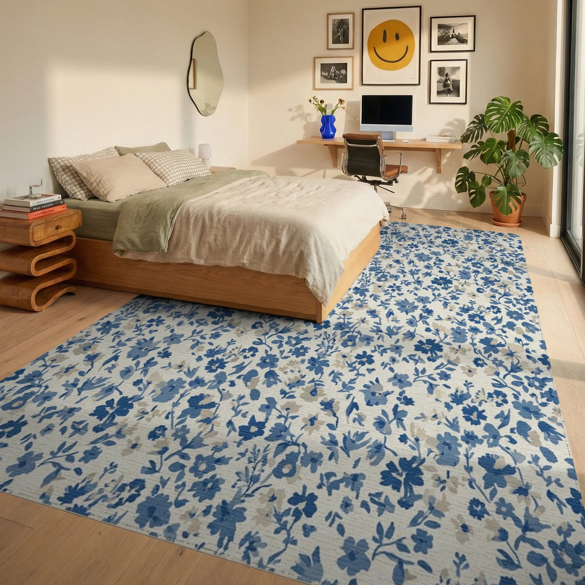 Blue Cream Small Floral Vine Rug Bedroom View