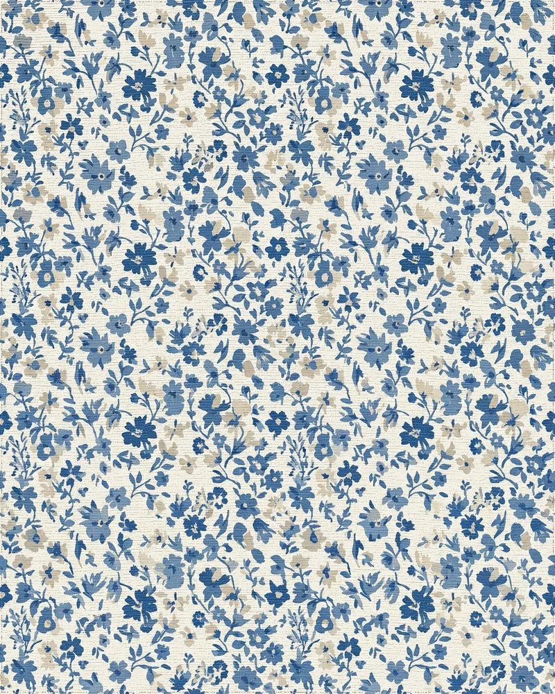 Blue Cream Small Floral Vine Rug - Cutout View