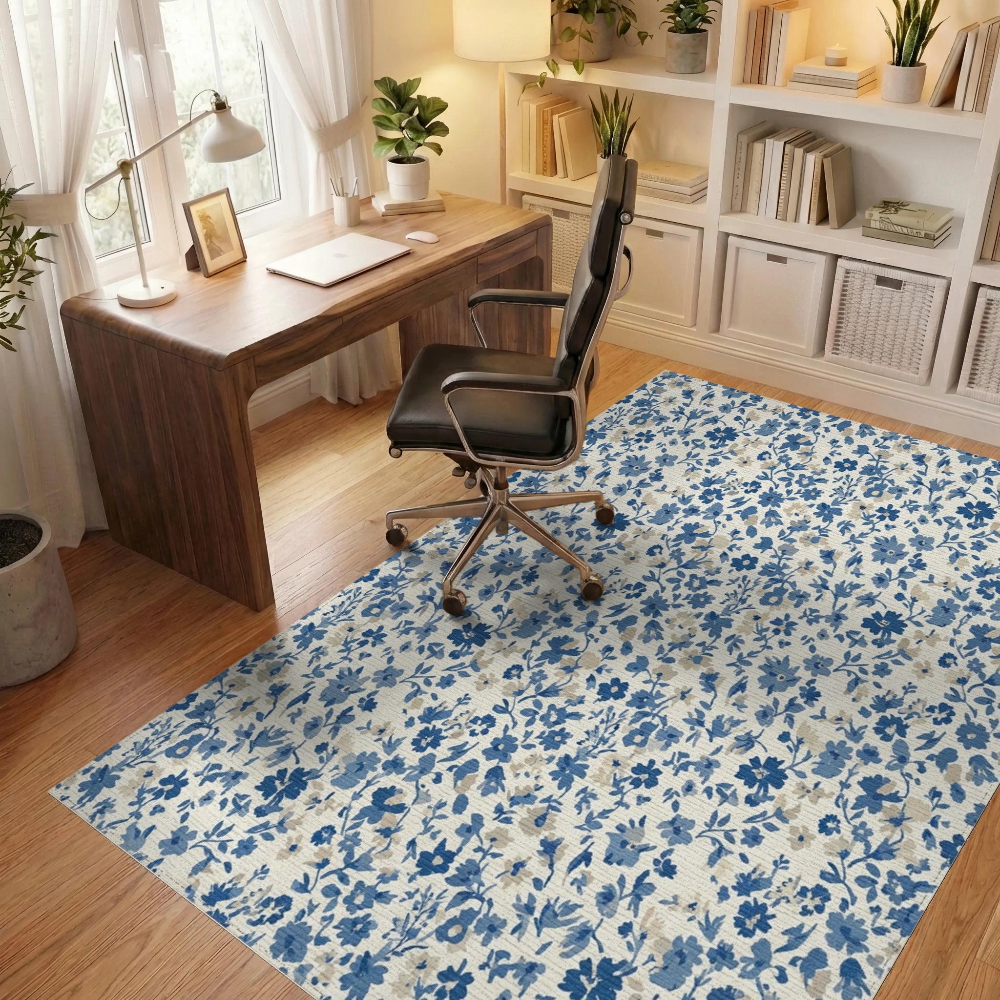 Blue Cream Small Floral Vine Rug Office View