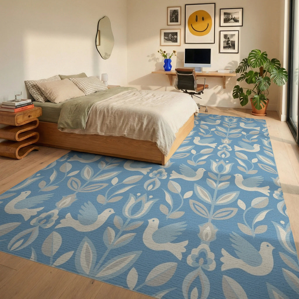 Blue Dove Floral Folk Art Rug Bedroom View