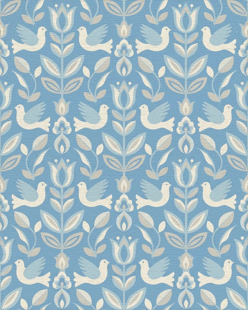 Blue Dove Floral Folk Art Rug - Cutout View