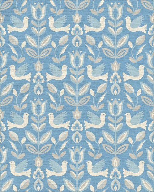 Blue Dove Floral Folk Art Rug - Cutout View