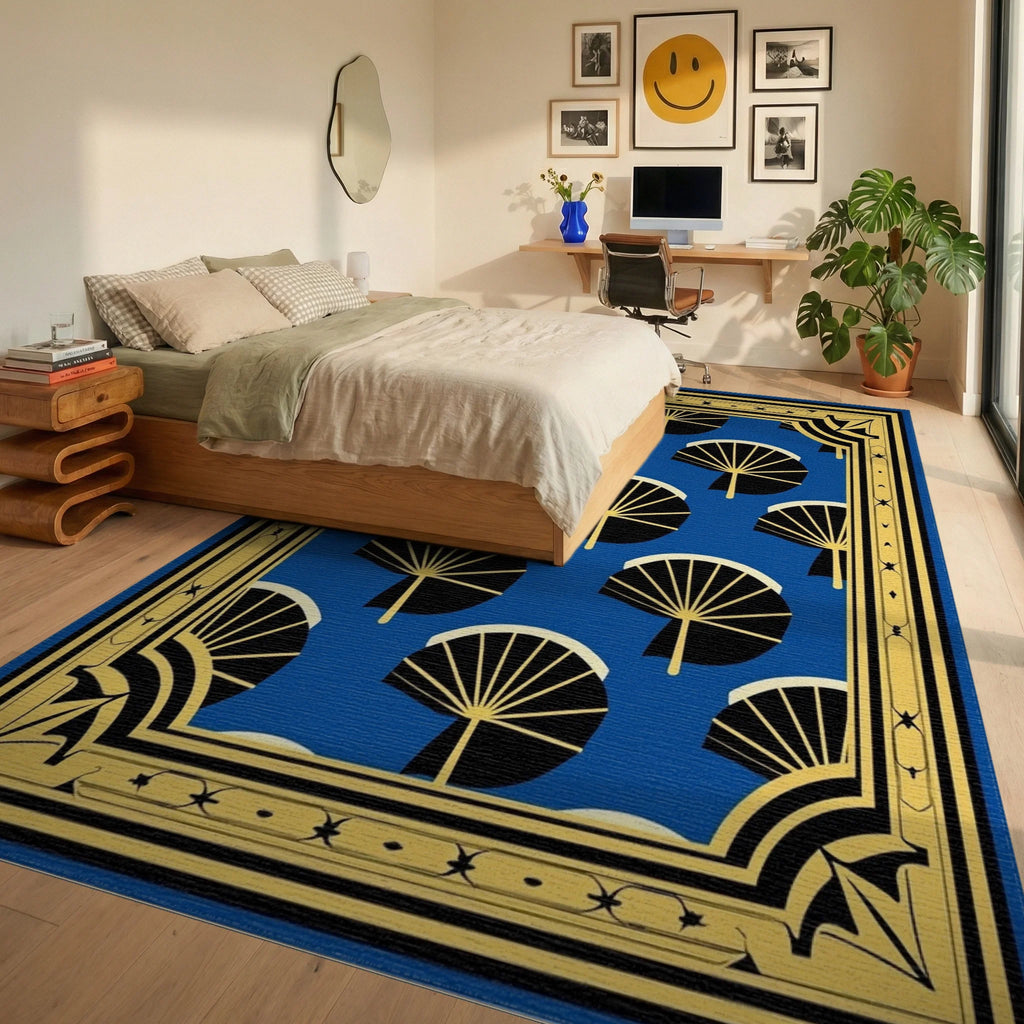 Blue Fan Pattern Art Deco Rug Bedroom View
