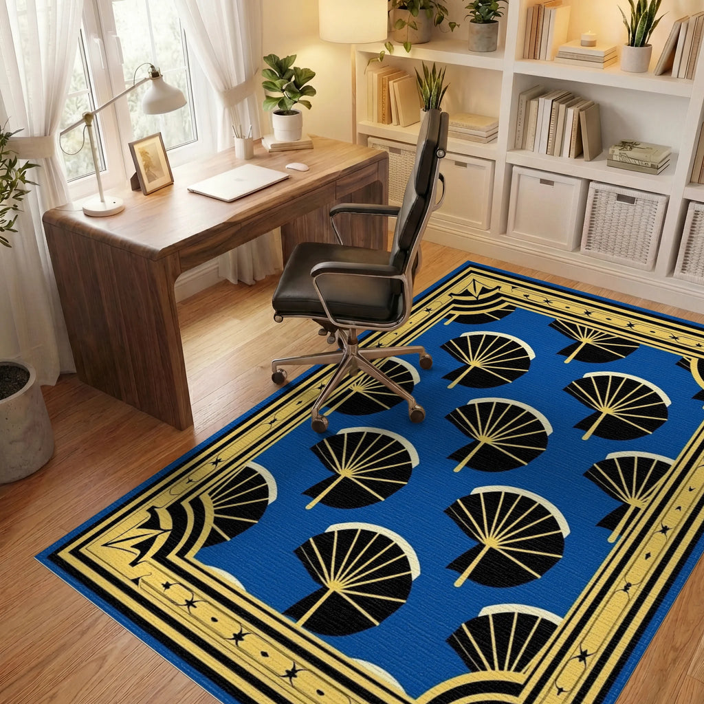Blue Fan Pattern Art Deco Rug Office View