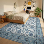 Blue Floral Medallion Border Rug - Bedroom View