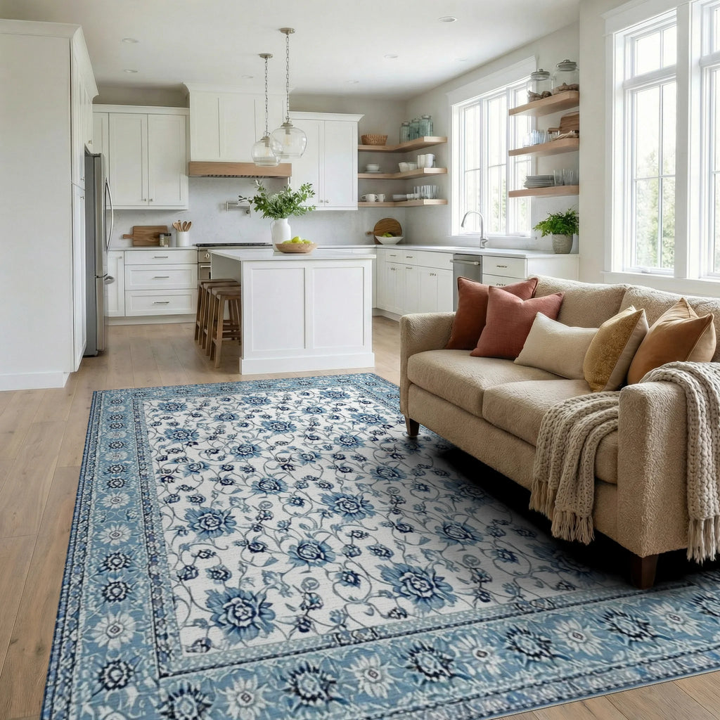 Blue Floral Medallion Border Rug - Living Room View