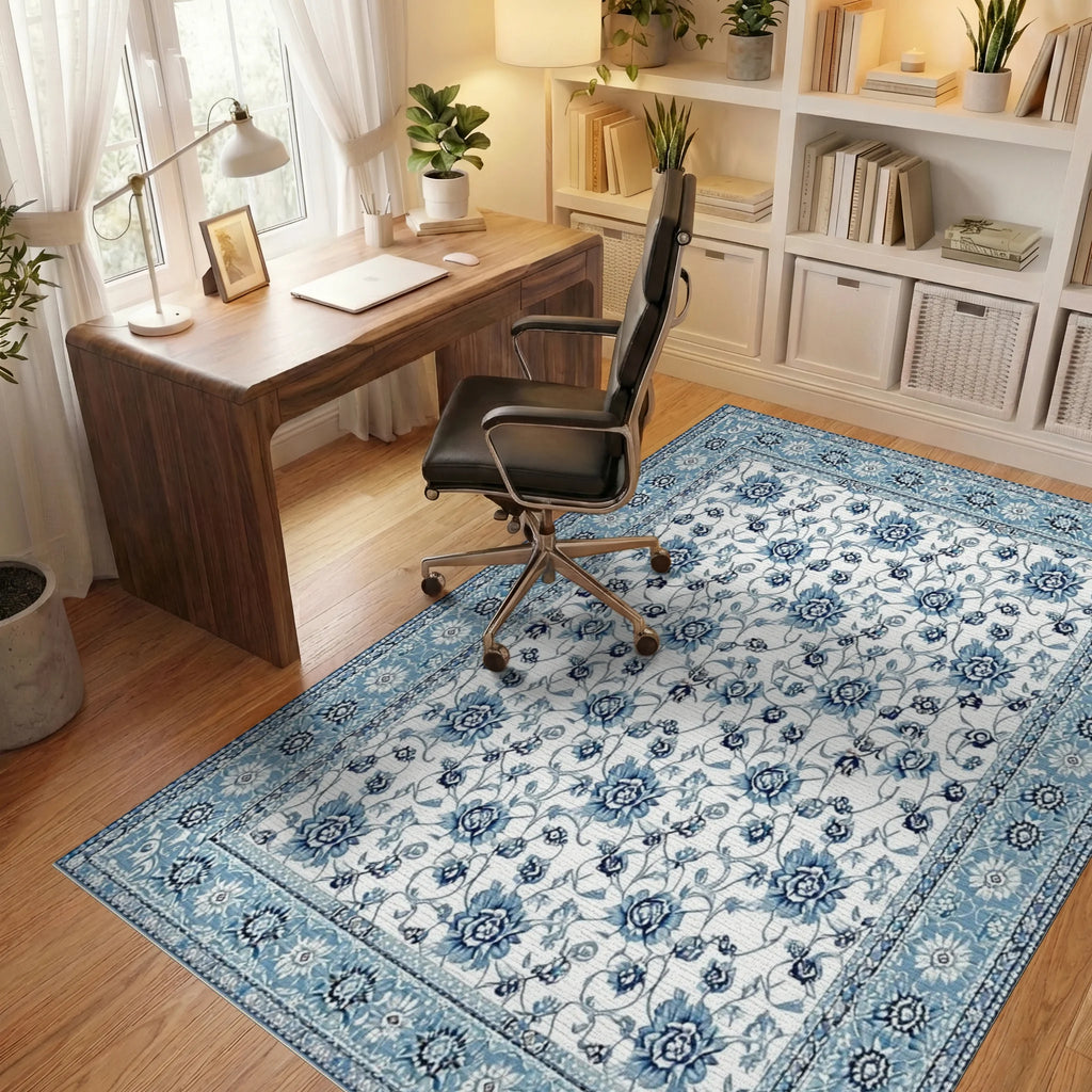 Blue Floral Medallion Border Rug - Office View