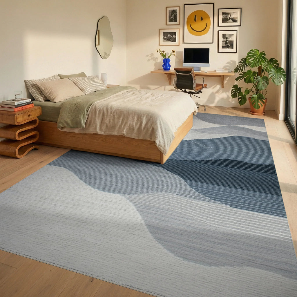 Blue Gray Abstract Layered Landscape Rug - Bedroom View