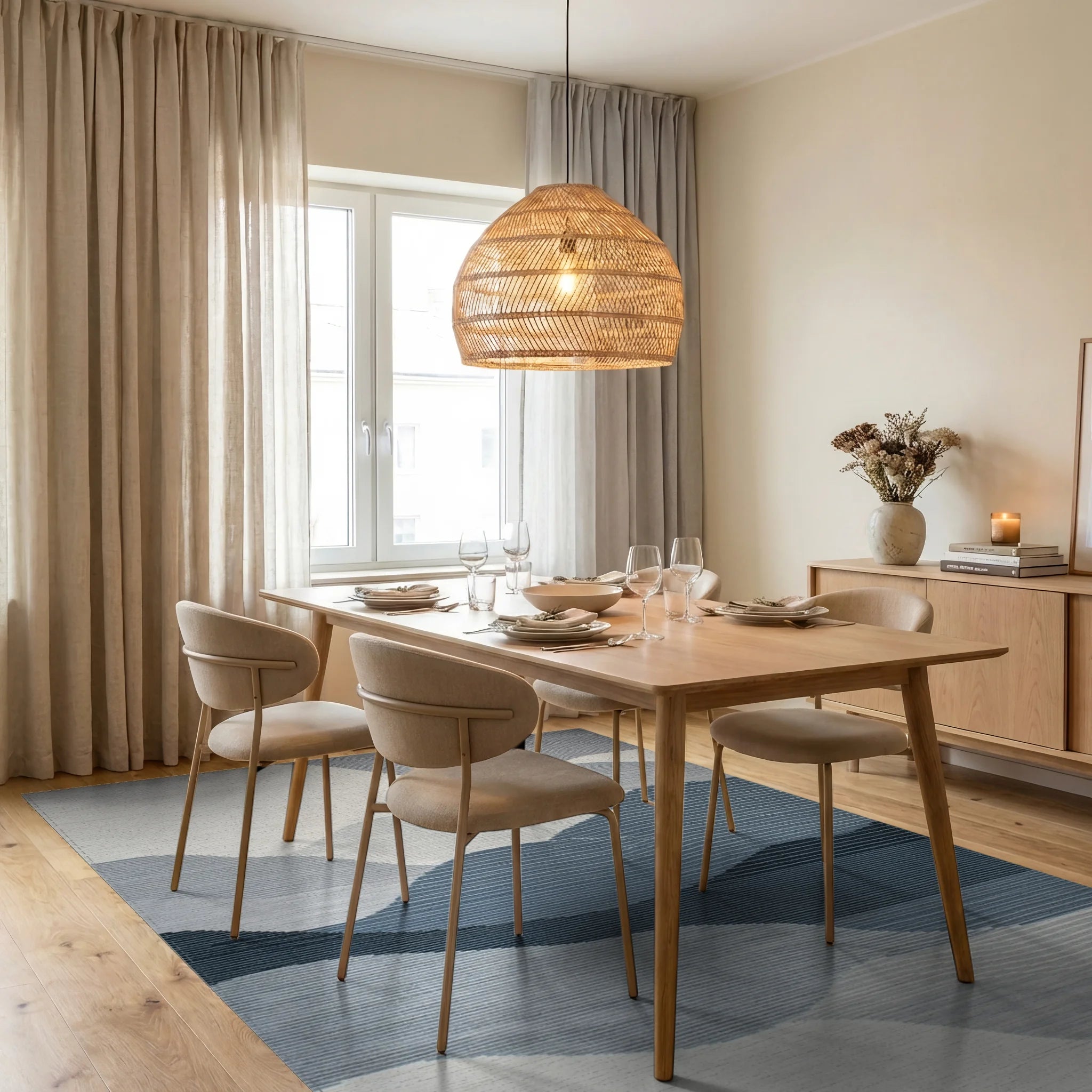 Blue Gray Abstract Layered Landscape Rug - Dining Room View