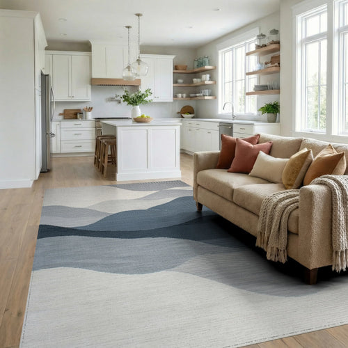 Blue Gray Abstract Layered Landscape Rug - Living Room View