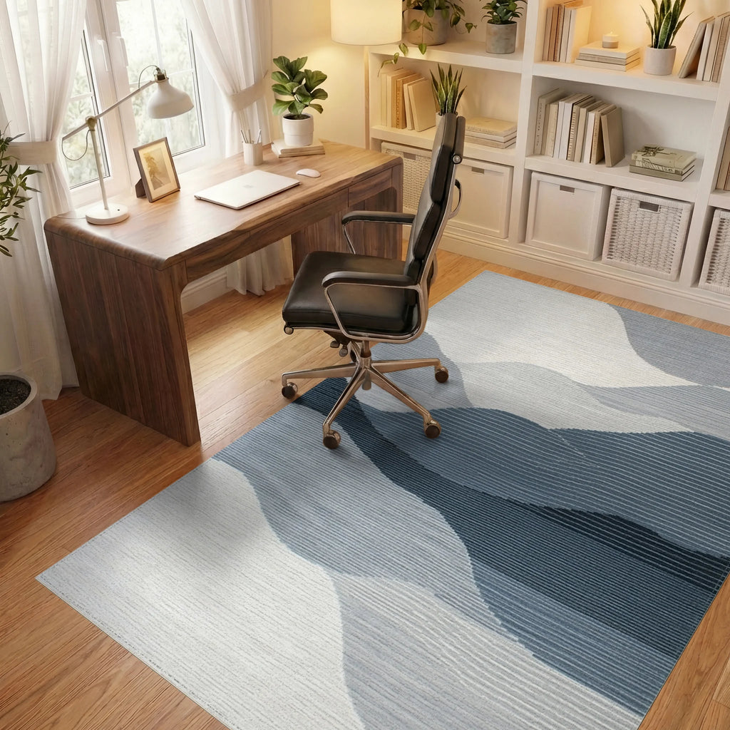 Blue Gray Abstract Layered Landscape Rug - Office View